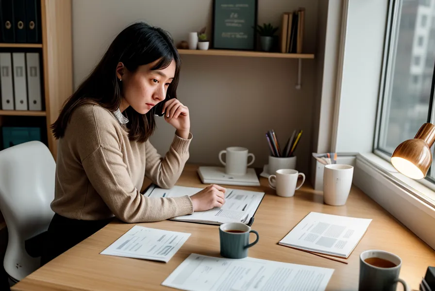 Dossiers classés et ordinateur portable sur le bureau, pendant l'audit mensuel des abonnements professionnels